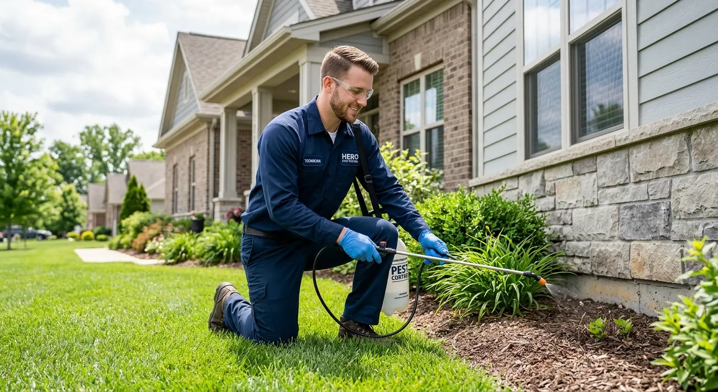 Professional pest control technician treating a home